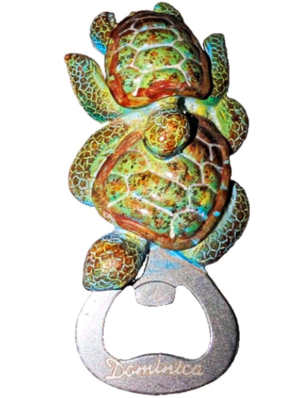 Turtle Animal Magnetic Metal Bottle Opener Souvenir Dominica Green Brown Silver